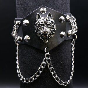 Mens Wide Belt Cuff Punk Leather Wolf Head Wrist Band Bracelet Adjustable